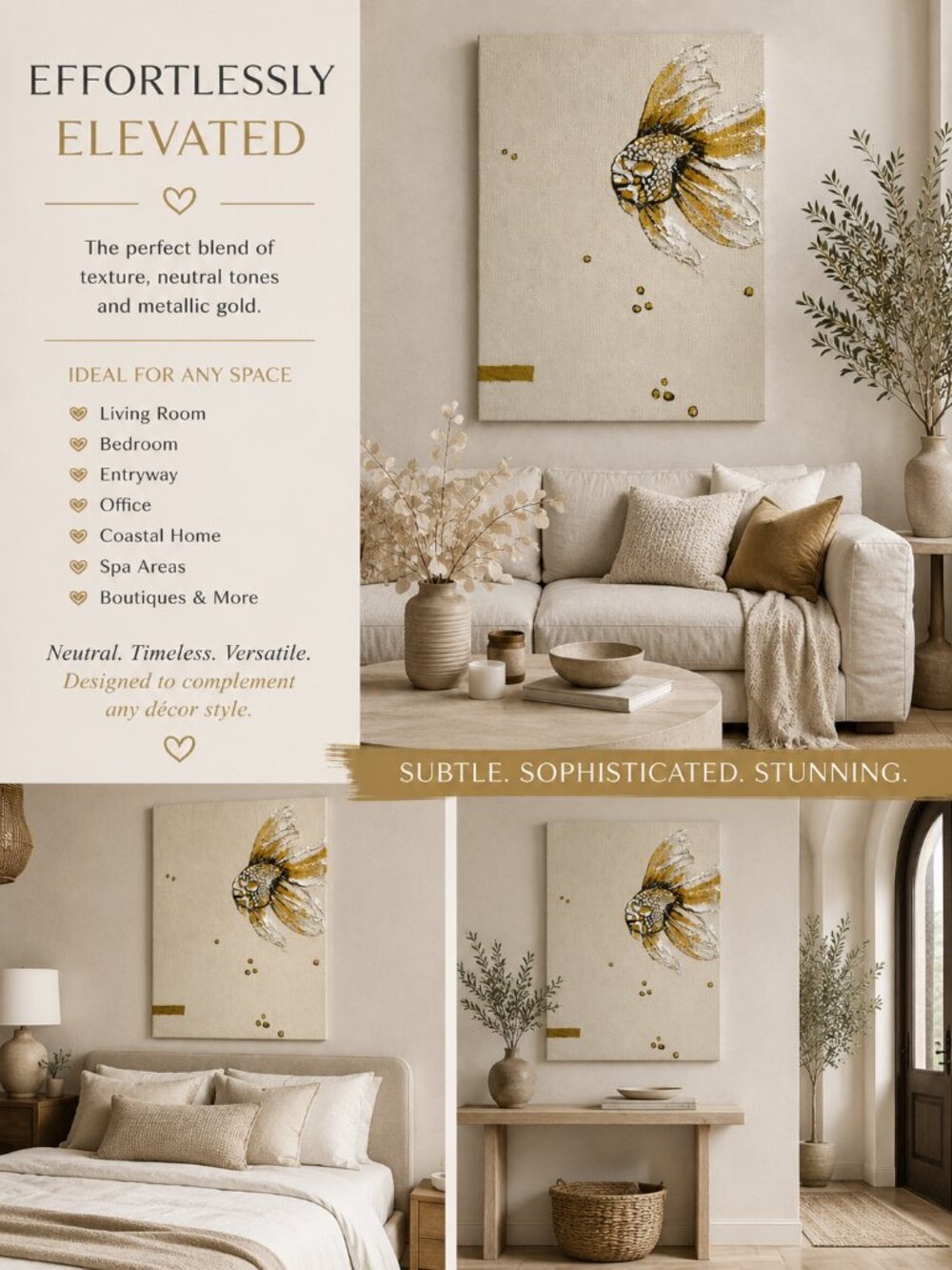 BrushEcho Gold Fish Textured Canvas Wall Art Cream Gold New in Box - Picture 4 of 6